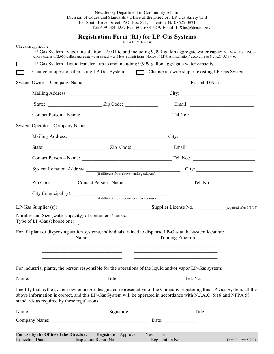 Form R1 Registration Form for Lp-Gas Systems - New Jersey, Page 1