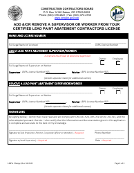 Document preview: Add &/Or Remove a Supervisor or Worker From Your Certified Lead Paint Abatement Contractors License - Oregon