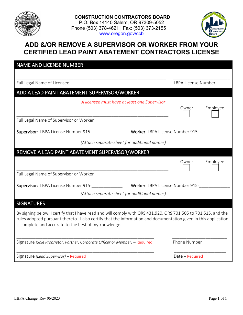 Oregon Add &/Or Remove a Supervisor or Worker From Your Certified Lead