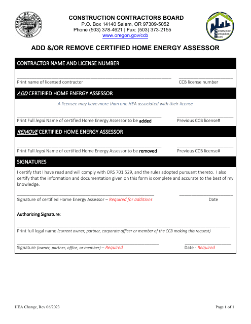 Add & / Or Remove Certified Home Energy Assessor - Oregon Download Pdf
