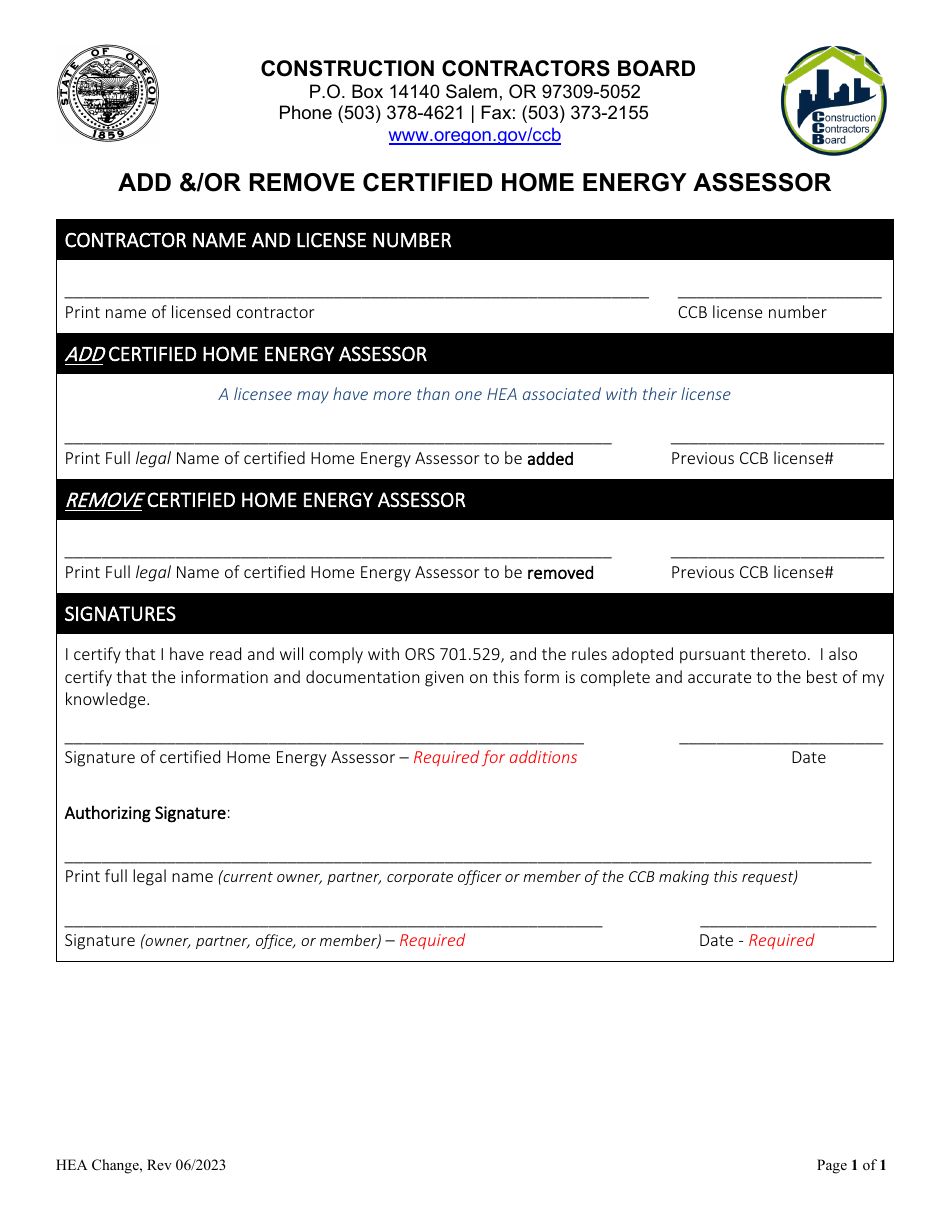 Add  / Or Remove Certified Home Energy Assessor - Oregon, Page 1
