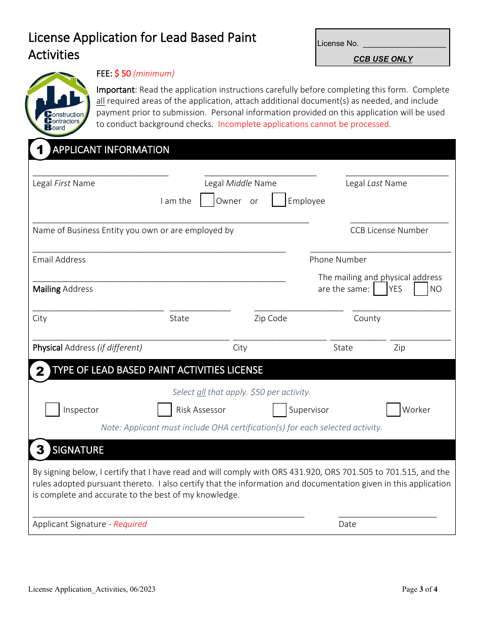 License Application for Lead Based Paint Activities - Oregon, Page 3