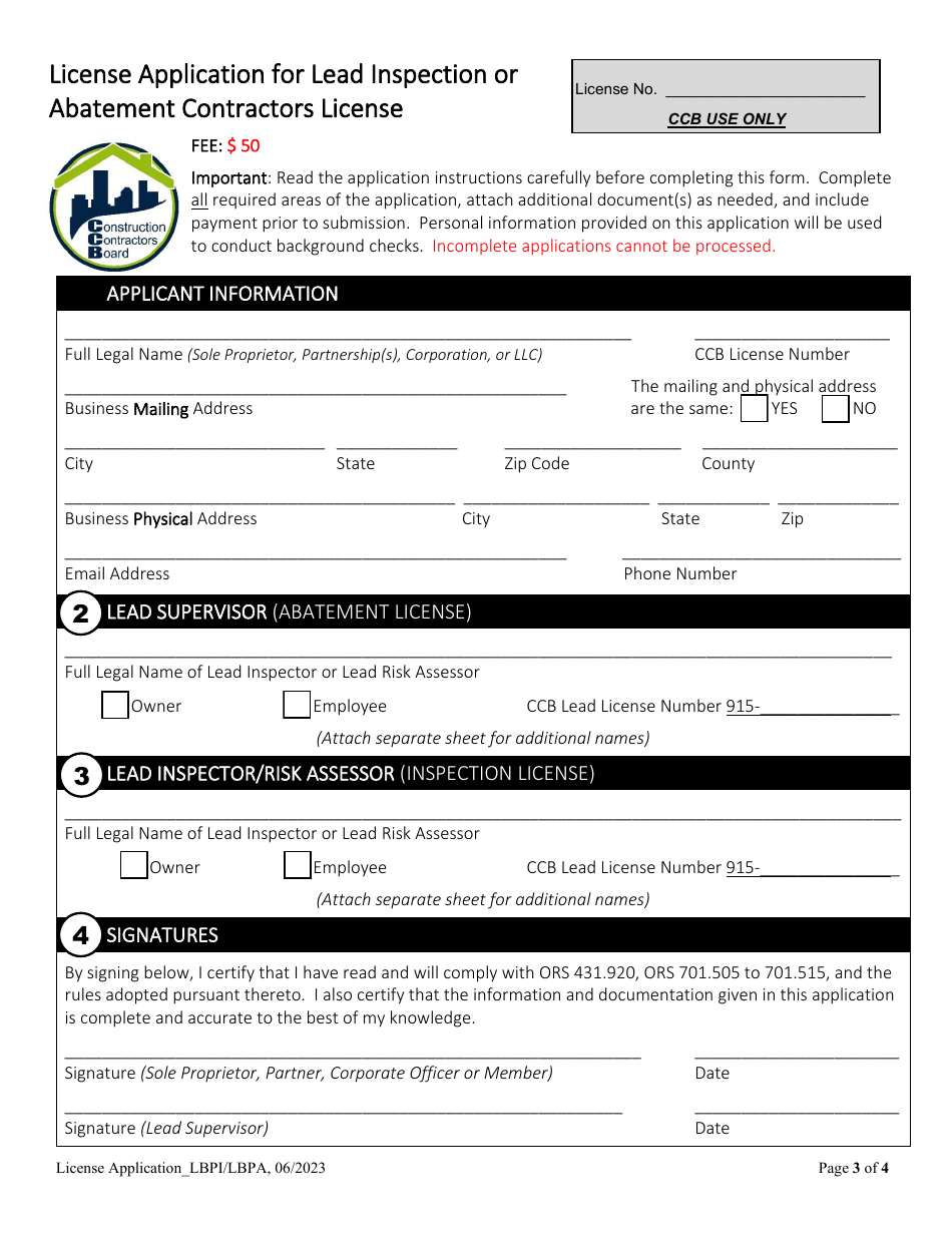 License Application for Lead Inspection or Abatement Contractors License - Oregon, Page 3