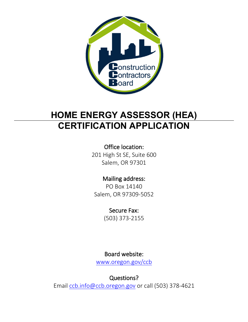Certification Application for Home Energy Assessor (Hea) - Oregon, Page 1
