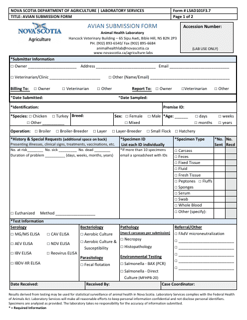 Form LSAD101F3.7 Avian Submission Form - Nova Scotia, Canada