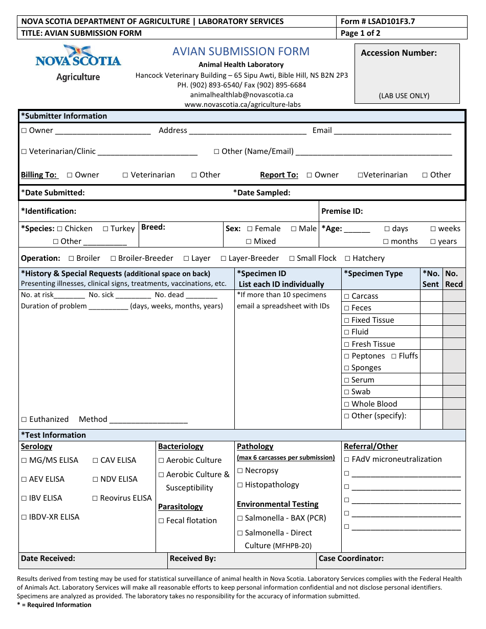 Form LSAD101F3.7 Avian Submission Form - Nova Scotia, Canada, Page 1