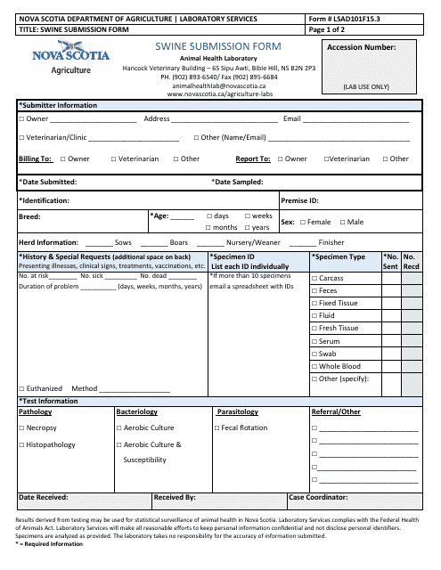 Form LSAD101F15.3 Swine Submission Form - Nova Scotia, Canada