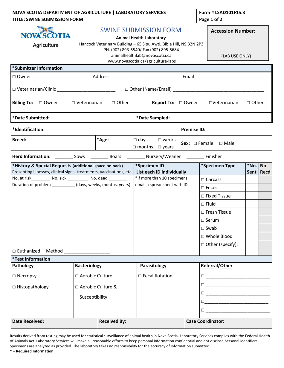 Form LSAD101F15.3 Swine Submission Form - Nova Scotia, Canada, Page 1
