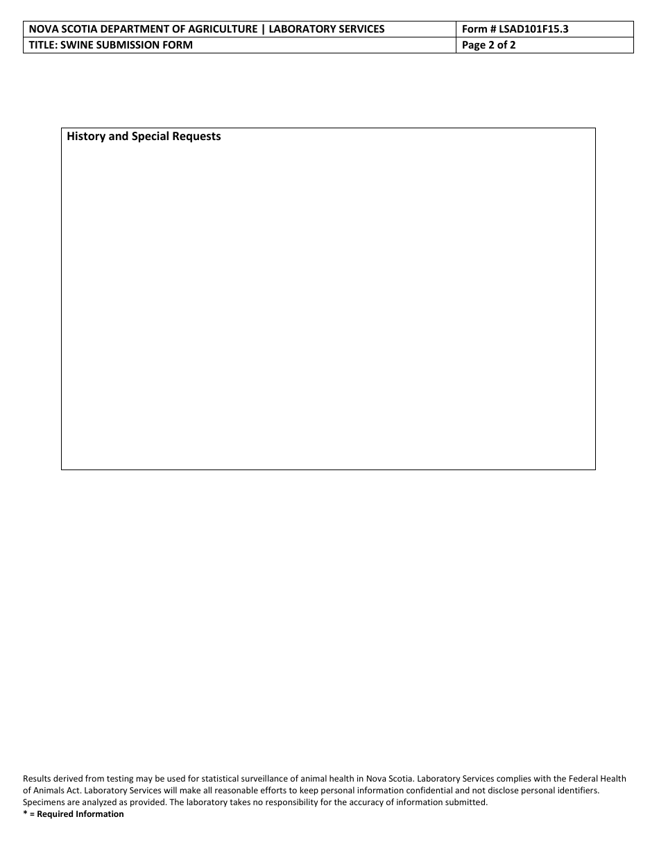Form LSAD101F15.3 Swine Submission Form - Nova Scotia, Canada, Page 2