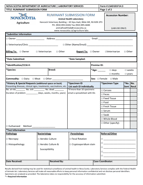 Form LSAD101F14.3 Ruminant Submission Form - Nova Scotia, Canada