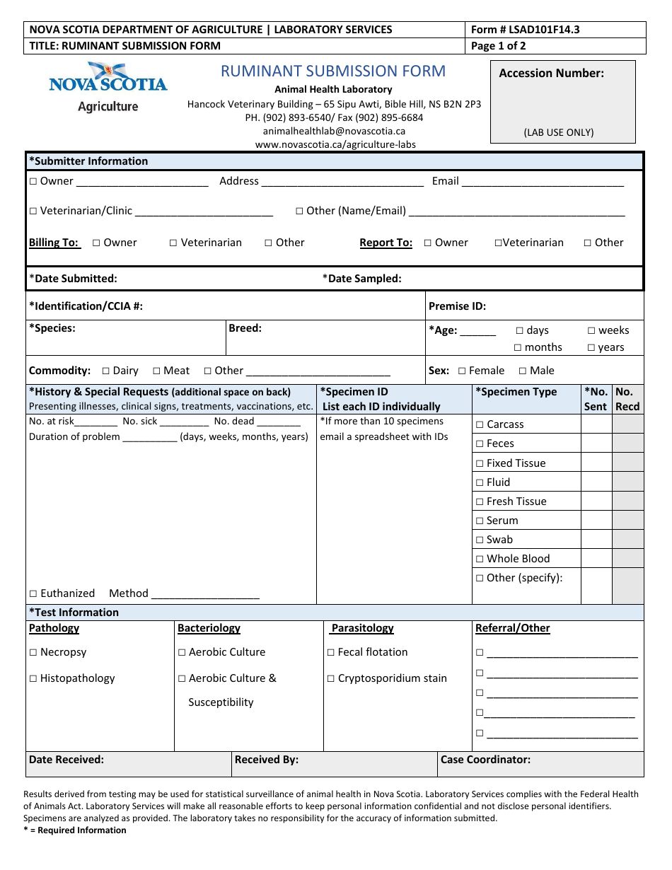Form LSAD101F14.3 Ruminant Submission Form - Nova Scotia, Canada, Page 1