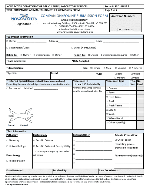 Form LSAD101F13.3 Companion/Equine Submission Form - Nova Scotia, Canada