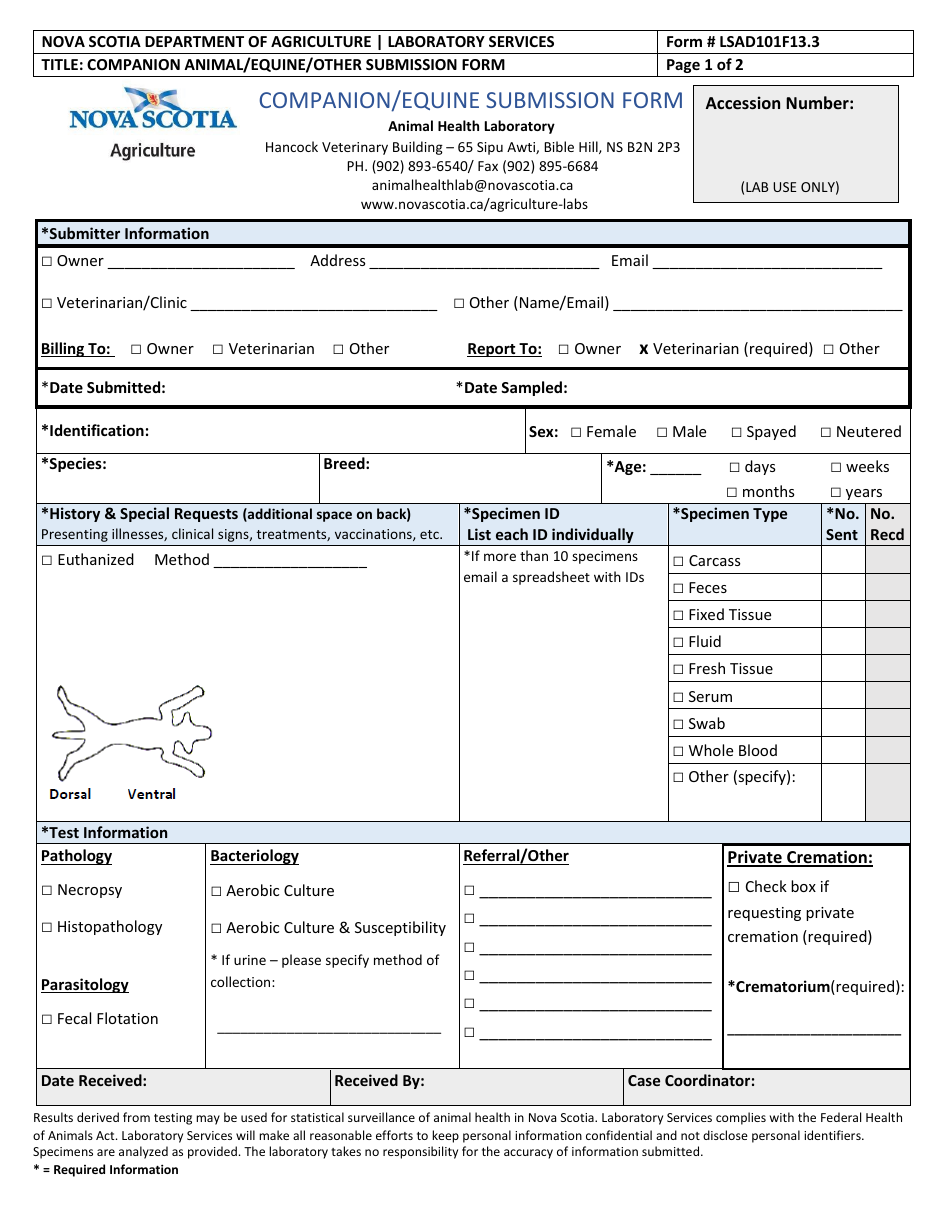 Form LSAD101F13.3 Companion / Equine Submission Form - Nova Scotia, Canada, Page 1
