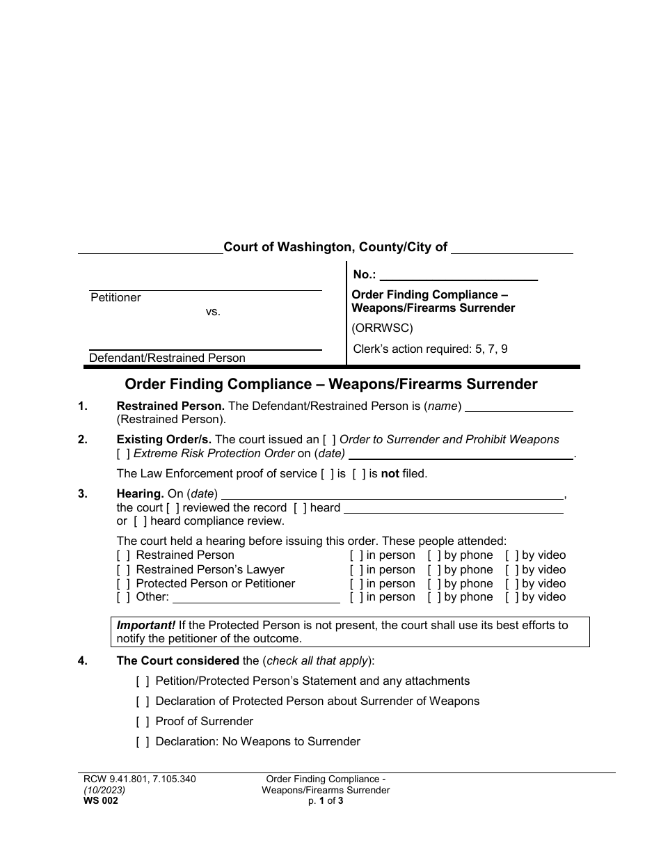 Form WS002 Order Finding Compliance - Weapons / Firearms Surrender - Washington, Page 1