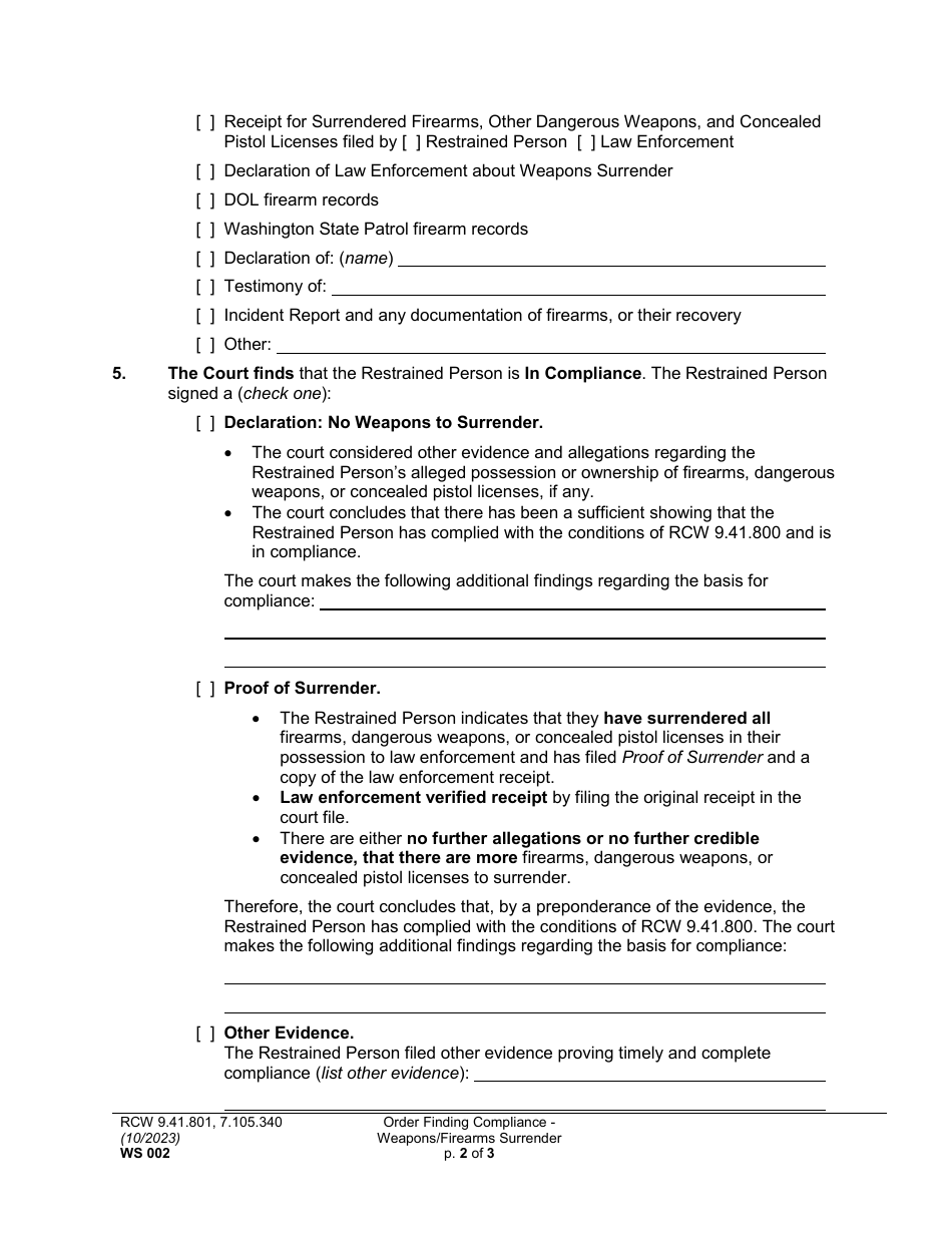 Form WS002 Order Finding Compliance - Weapons / Firearms Surrender - Washington, Page 2