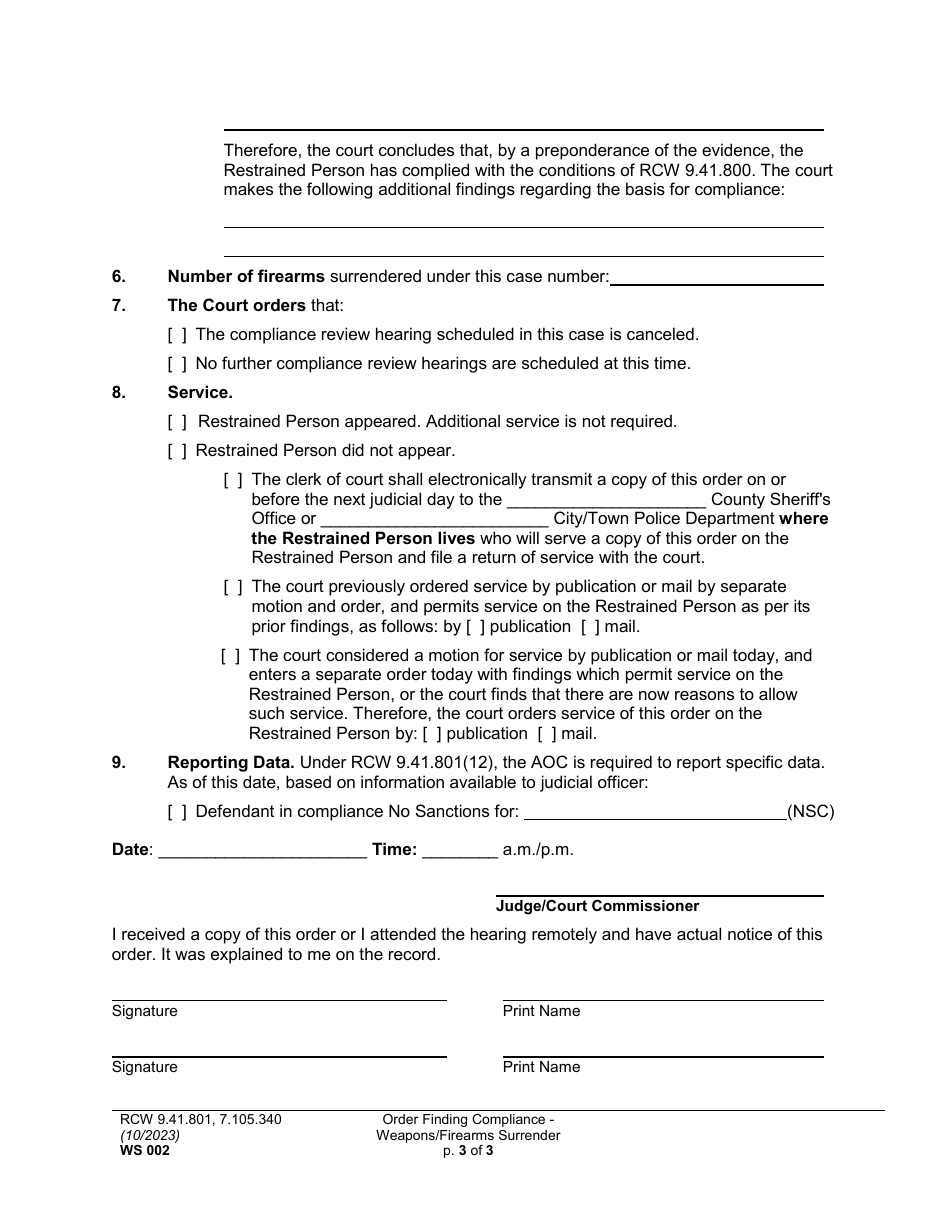 Form WS002 Order Finding Compliance - Weapons / Firearms Surrender - Washington, Page 3