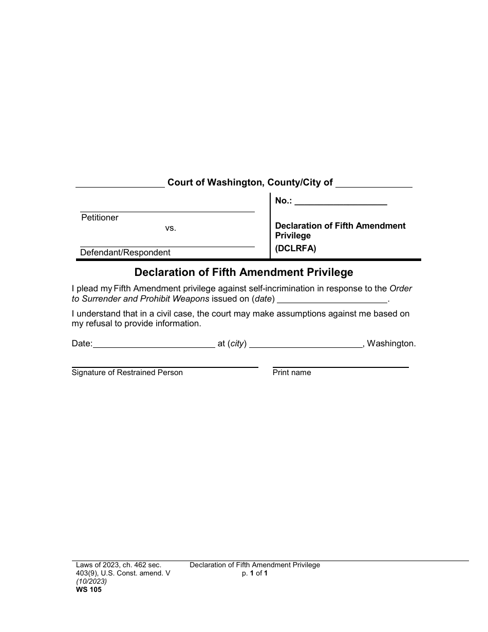 Form WS105 Download Printable PDF or Fill Online Declaration of Fifth Amendment Privilege