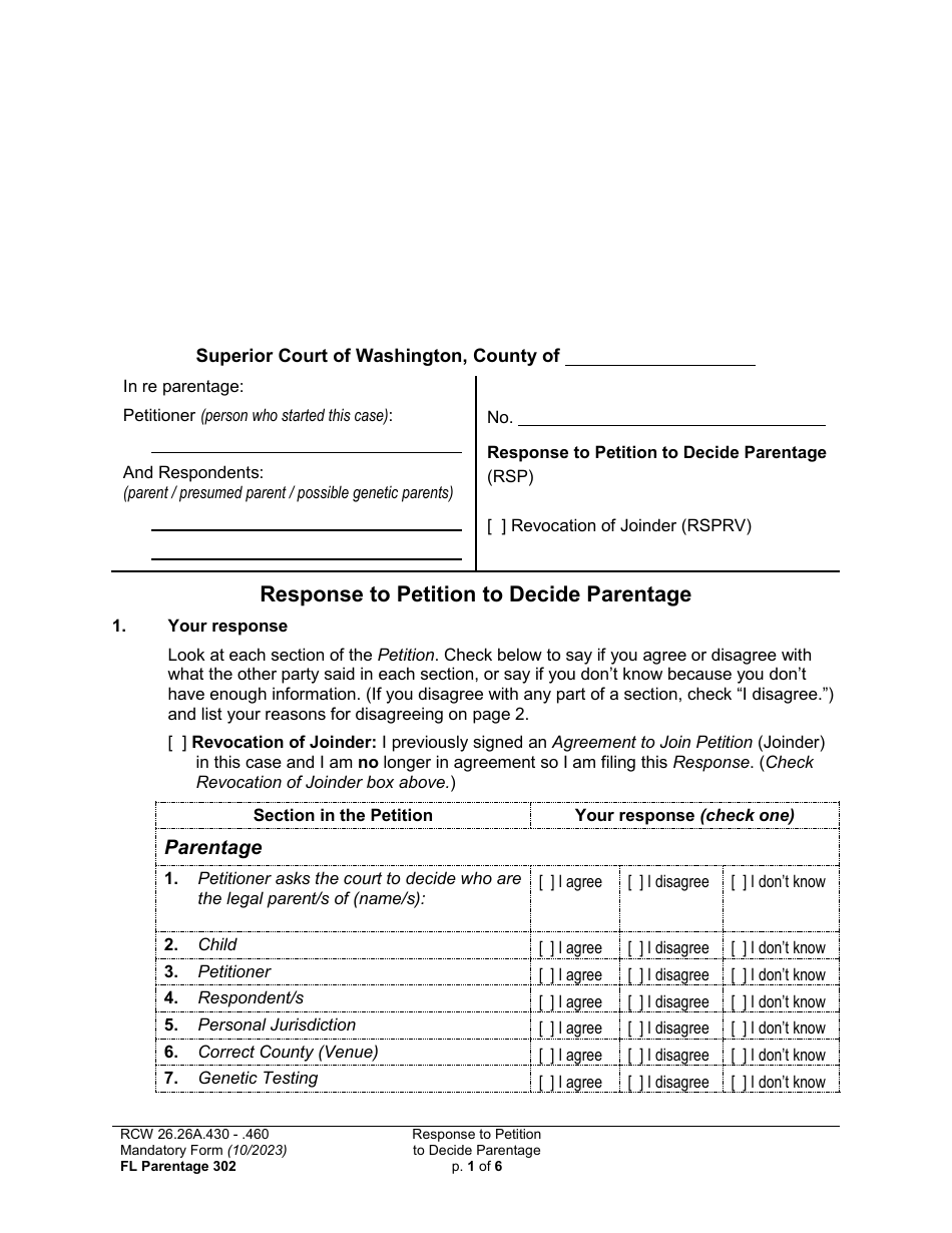 Form FL Parentage302 Response to Petition to Decide Parentage - Washington, Page 1
