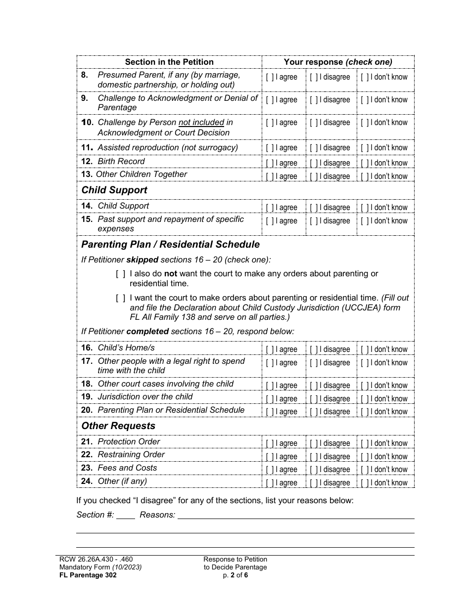 Form FL Parentage302 Response to Petition to Decide Parentage - Washington, Page 2