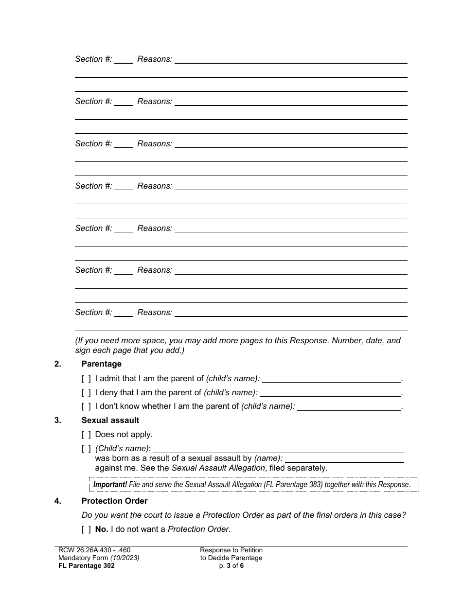 Form FL Parentage302 Response to Petition to Decide Parentage - Washington, Page 3