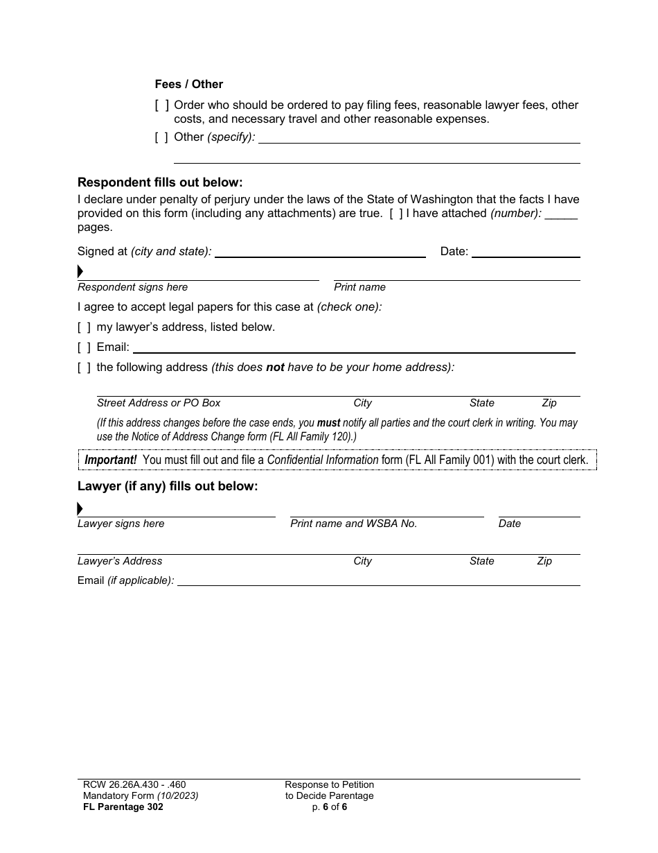 Form FL Parentage302 Response to Petition to Decide Parentage - Washington, Page 6