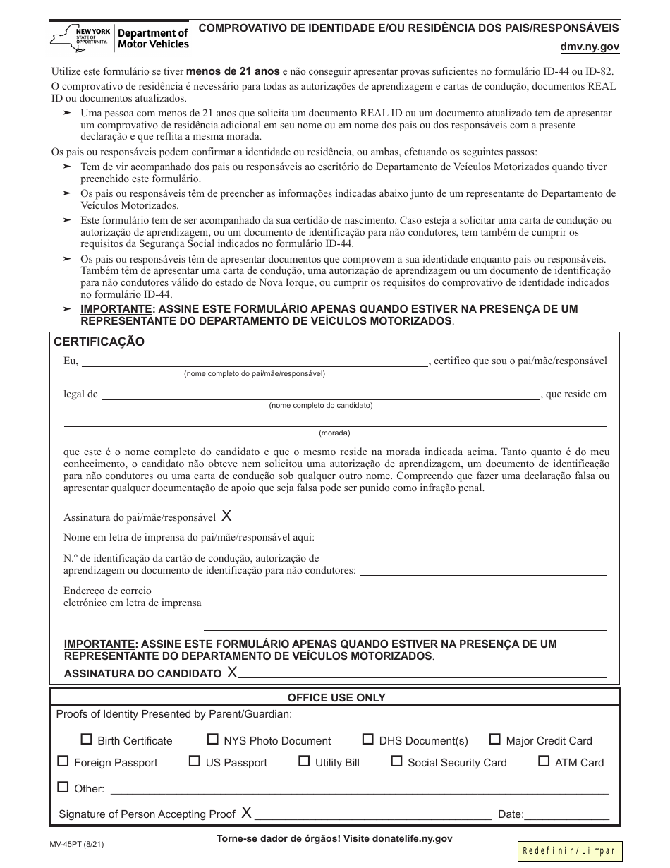Form MV-45PT Statement of Identity and / or Residence by Parent / Guardian - New York (Portuguese), Page 1