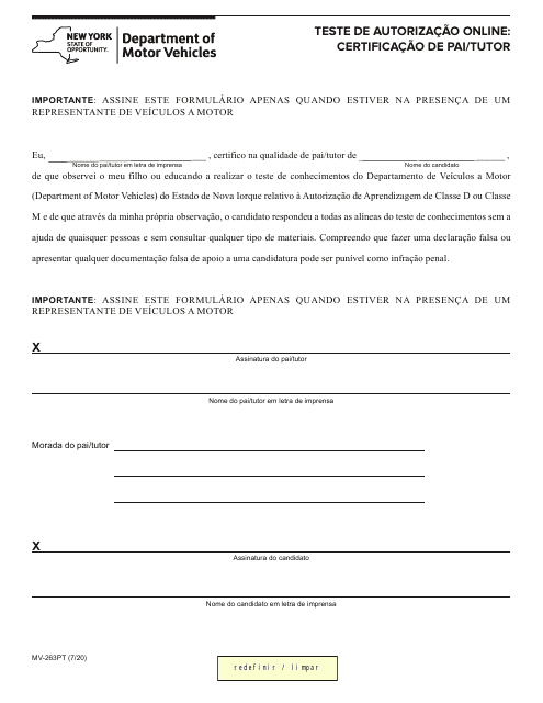 Form MV-263PT Online Permit Test - Parent/Guardian Certification - New York (Portuguese)