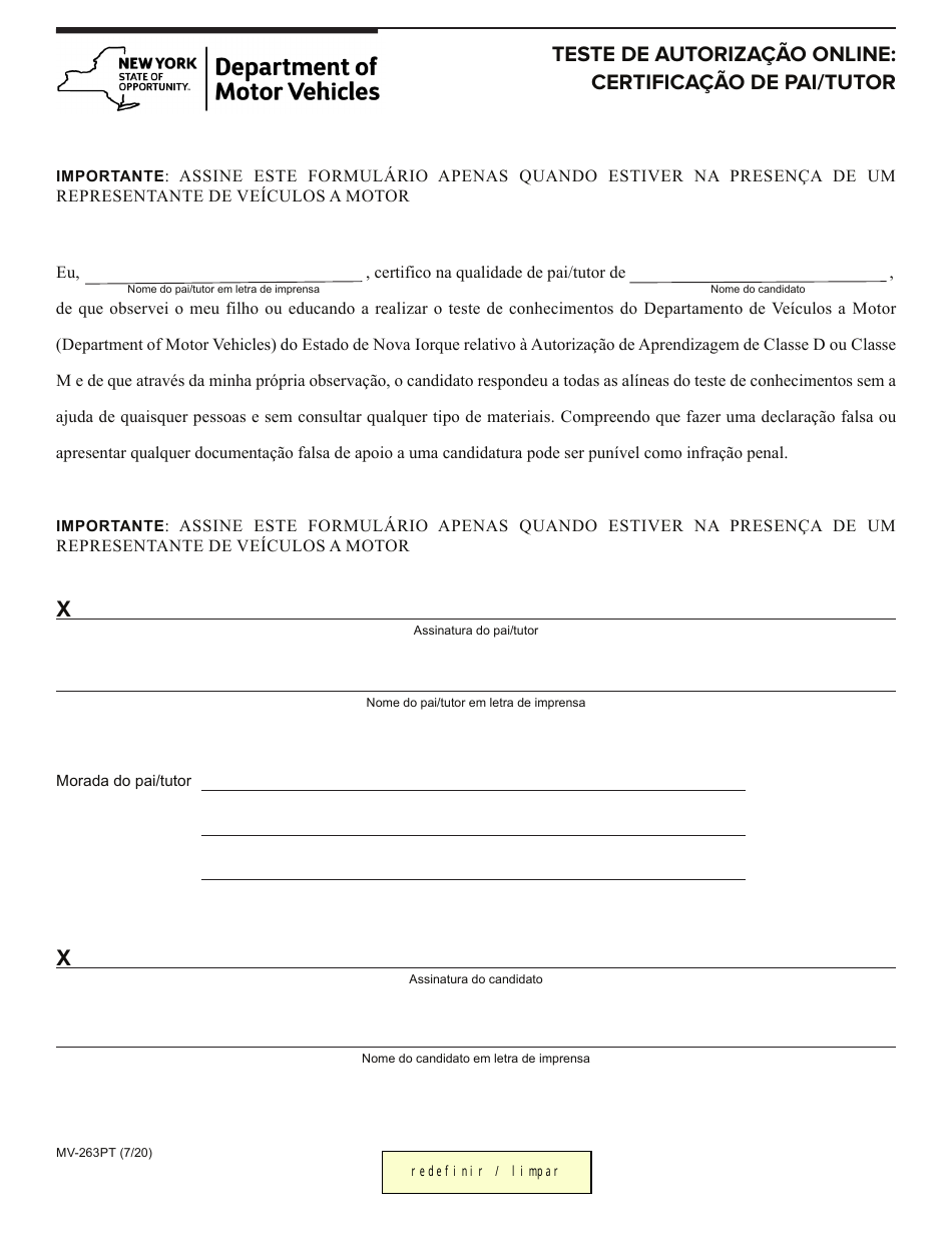 Form MV-263PT Online Permit Test - Parent / Guardian Certification - New York (Portuguese), Page 1