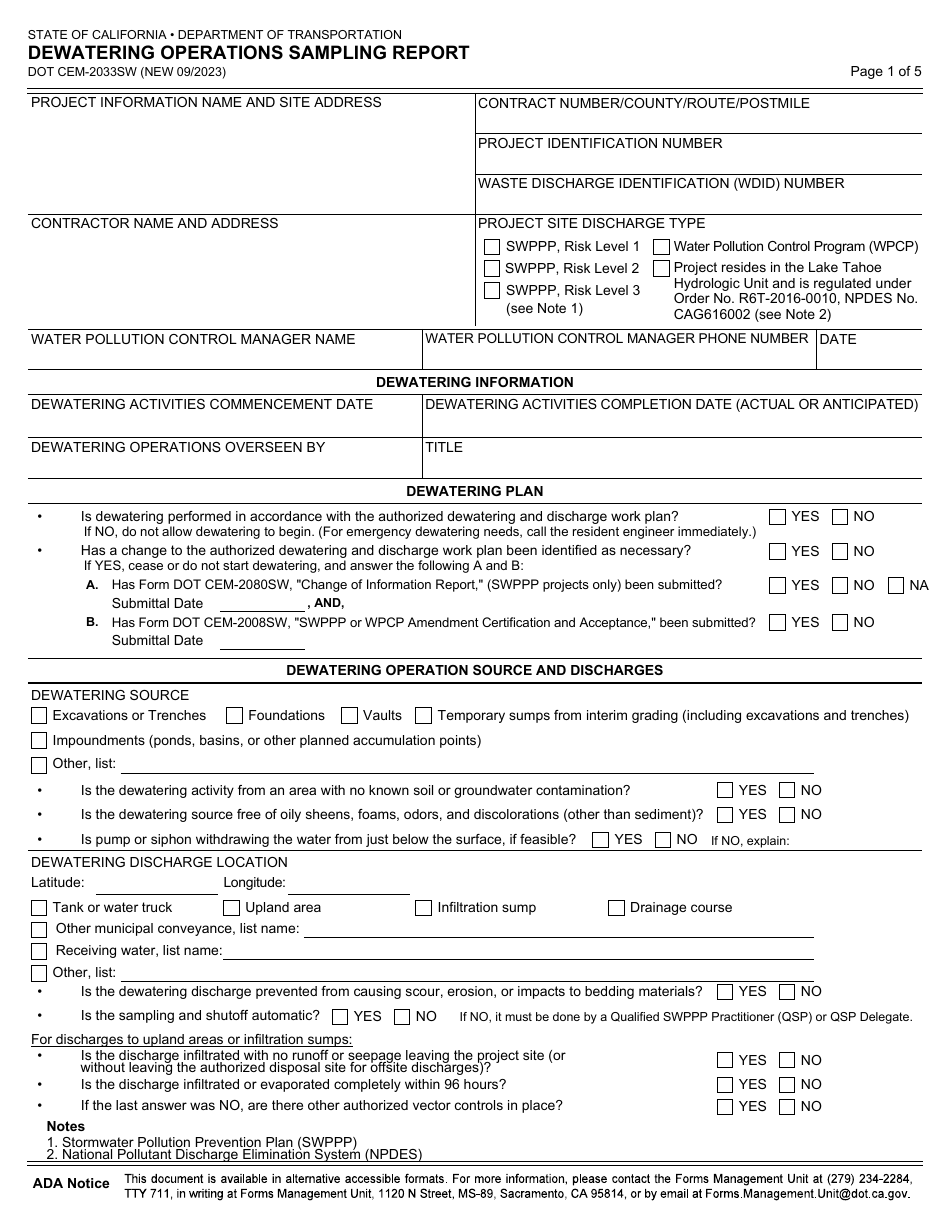 Form DOT CEM-2033SW Dewatering Operations Sampling Report - California, Page 1