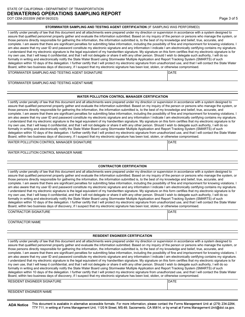 Form DOT CEM-2033SW Dewatering Operations Sampling Report - California, Page 3
