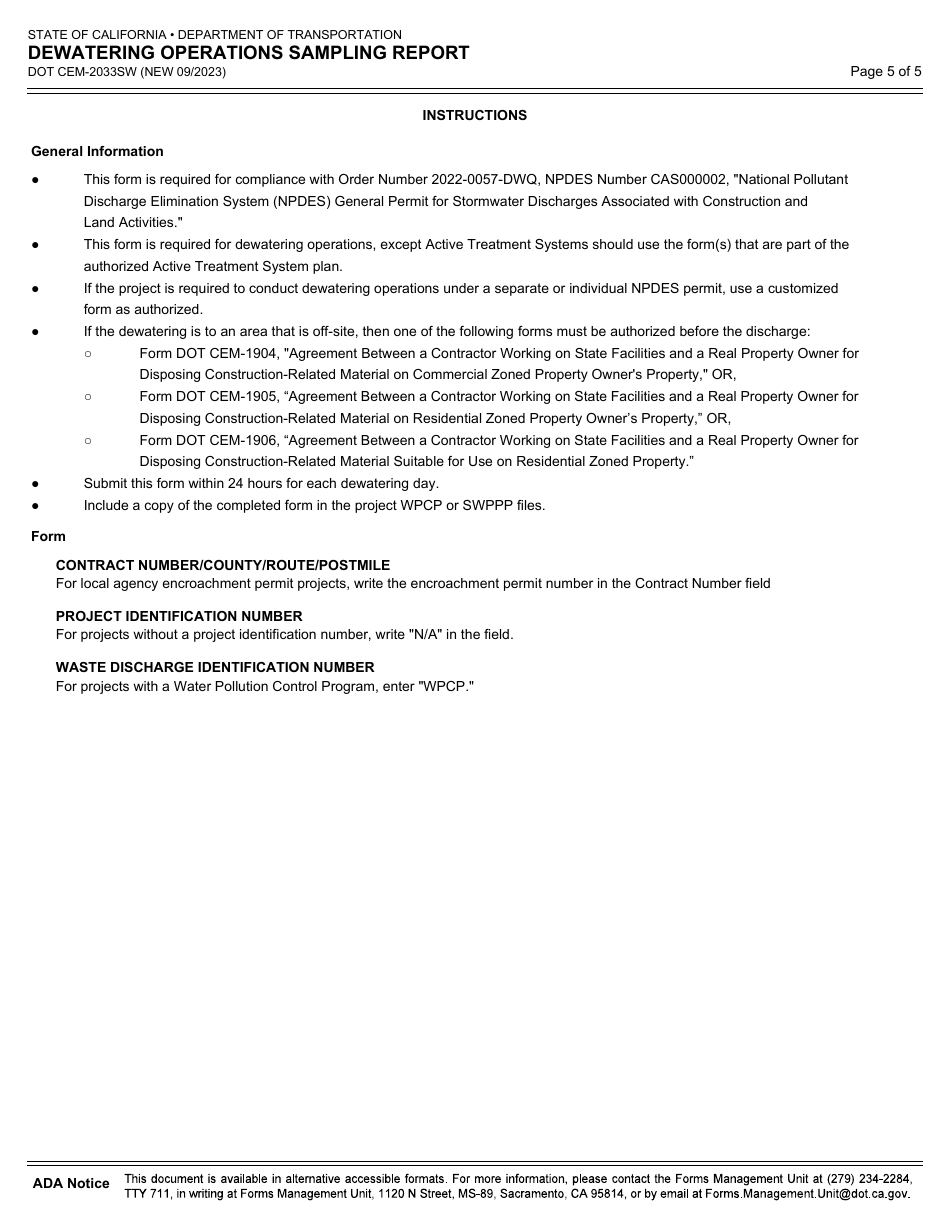 Form DOT CEM-2033SW Dewatering Operations Sampling Report - California, Page 5