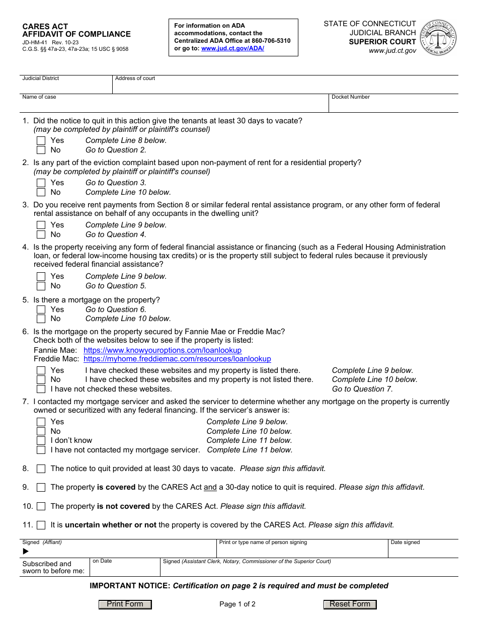 Form JD-HM-41 CARES Act Affidavit of Compliance - Connecticut, Page 1