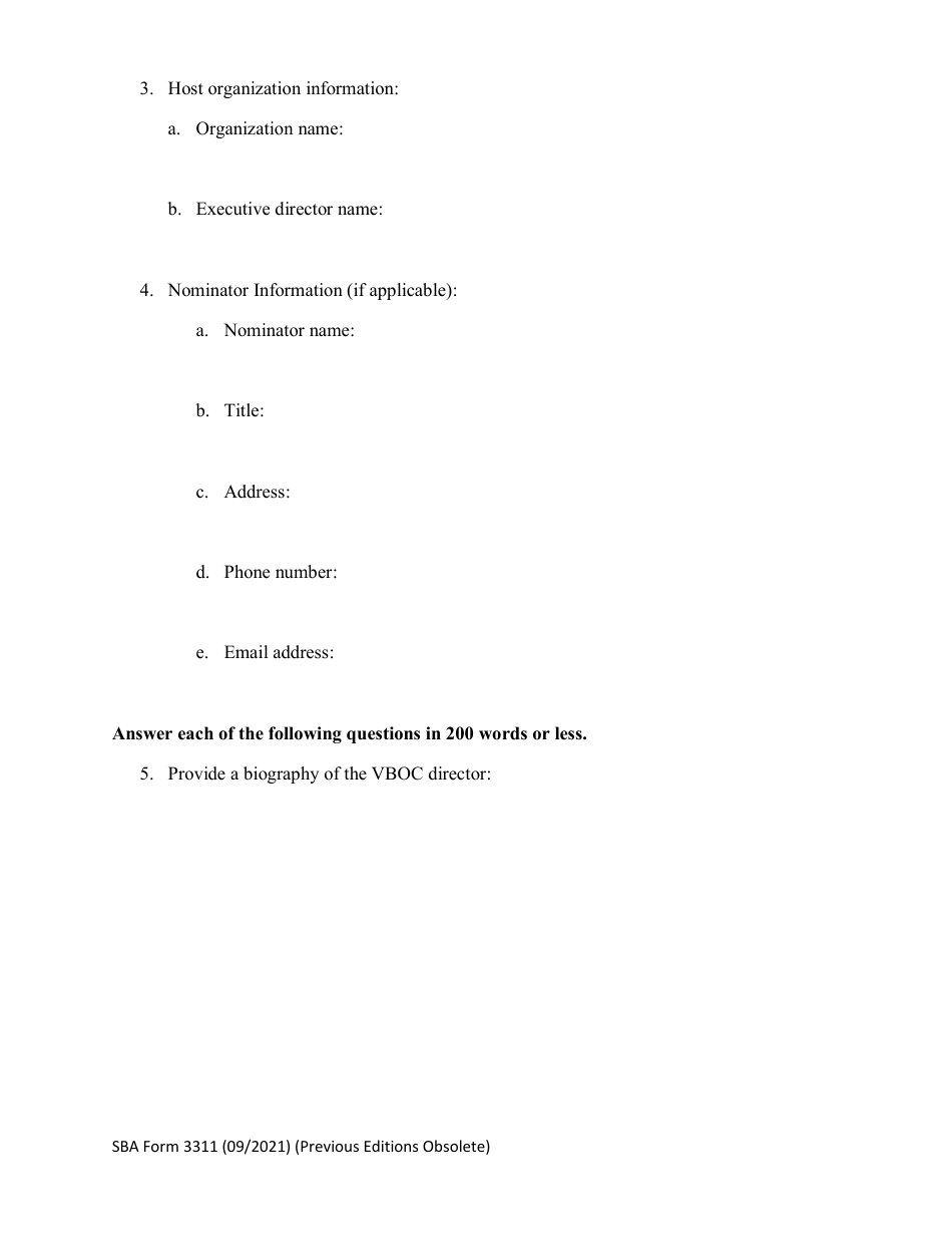 SBA Form 3311 Nomination Form for Veterans Business Outreach Center Excellence in Service Award - National Small Business Week, Page 2