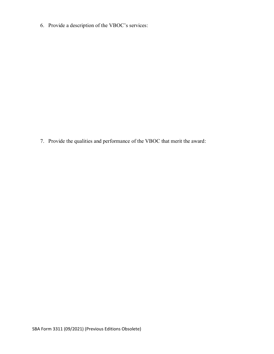 SBA Form 3311 Nomination Form for Veterans Business Outreach Center Excellence in Service Award - National Small Business Week, Page 3