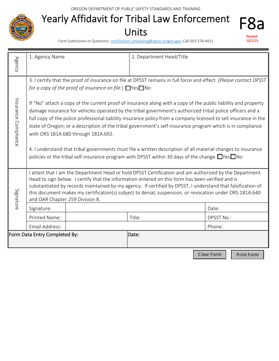 Form F8A Yearly Affidavit for Tribal Law Enforcement Units - Oregon, Page 1