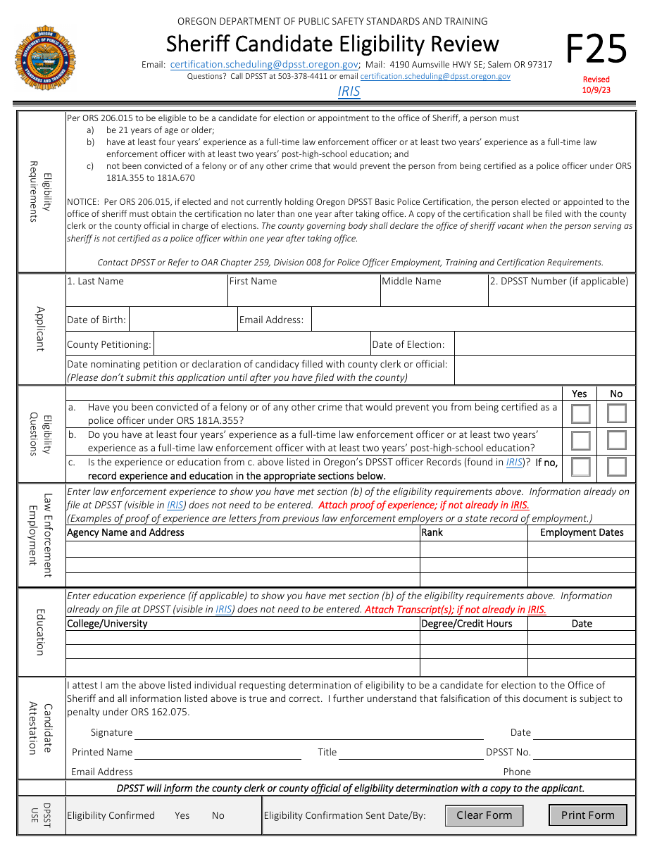 Form F25 Sheriff Candidate Eligibility Review - Oregon, Page 1