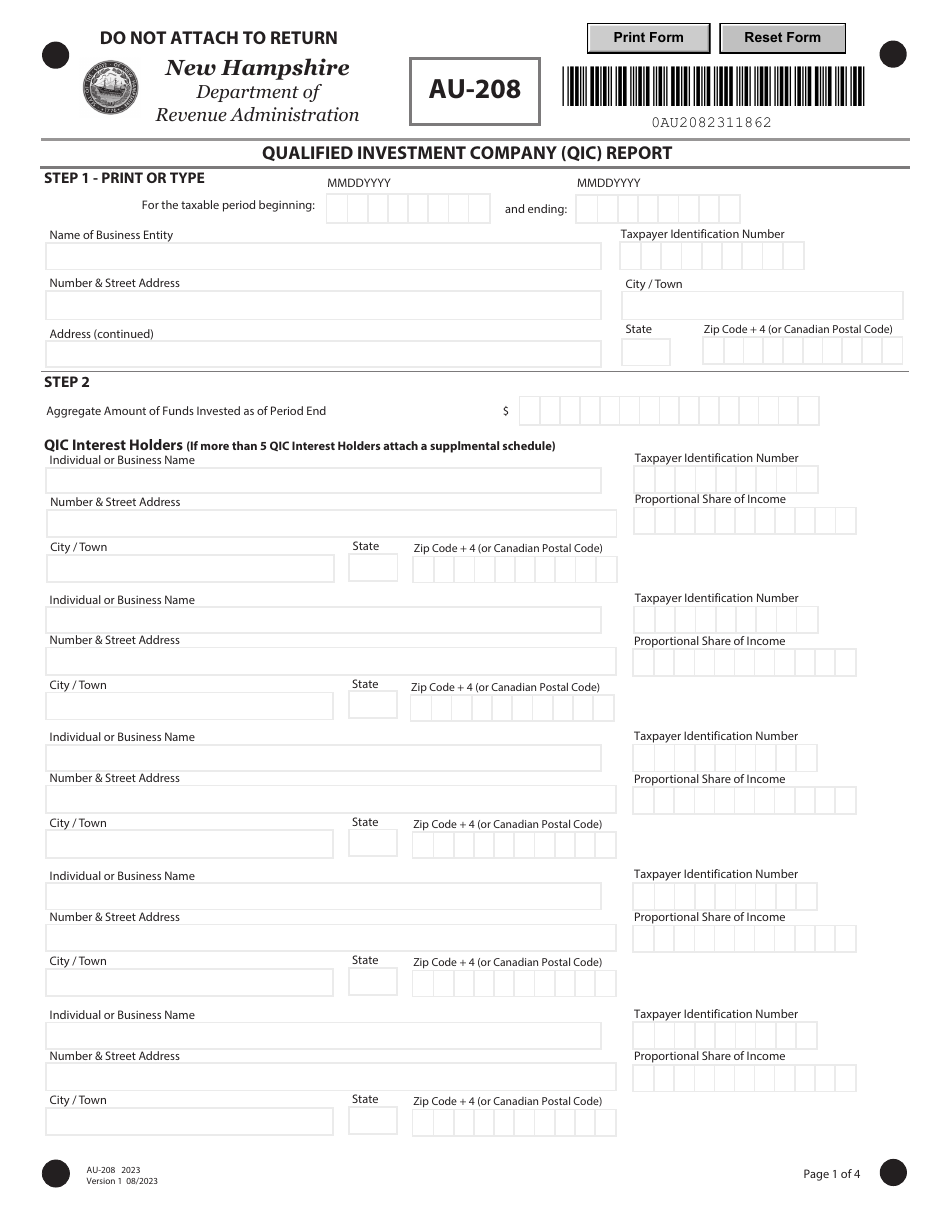 Form AU-208 Qualified Investment Company (Qic) Report - New Hampshire, Page 1