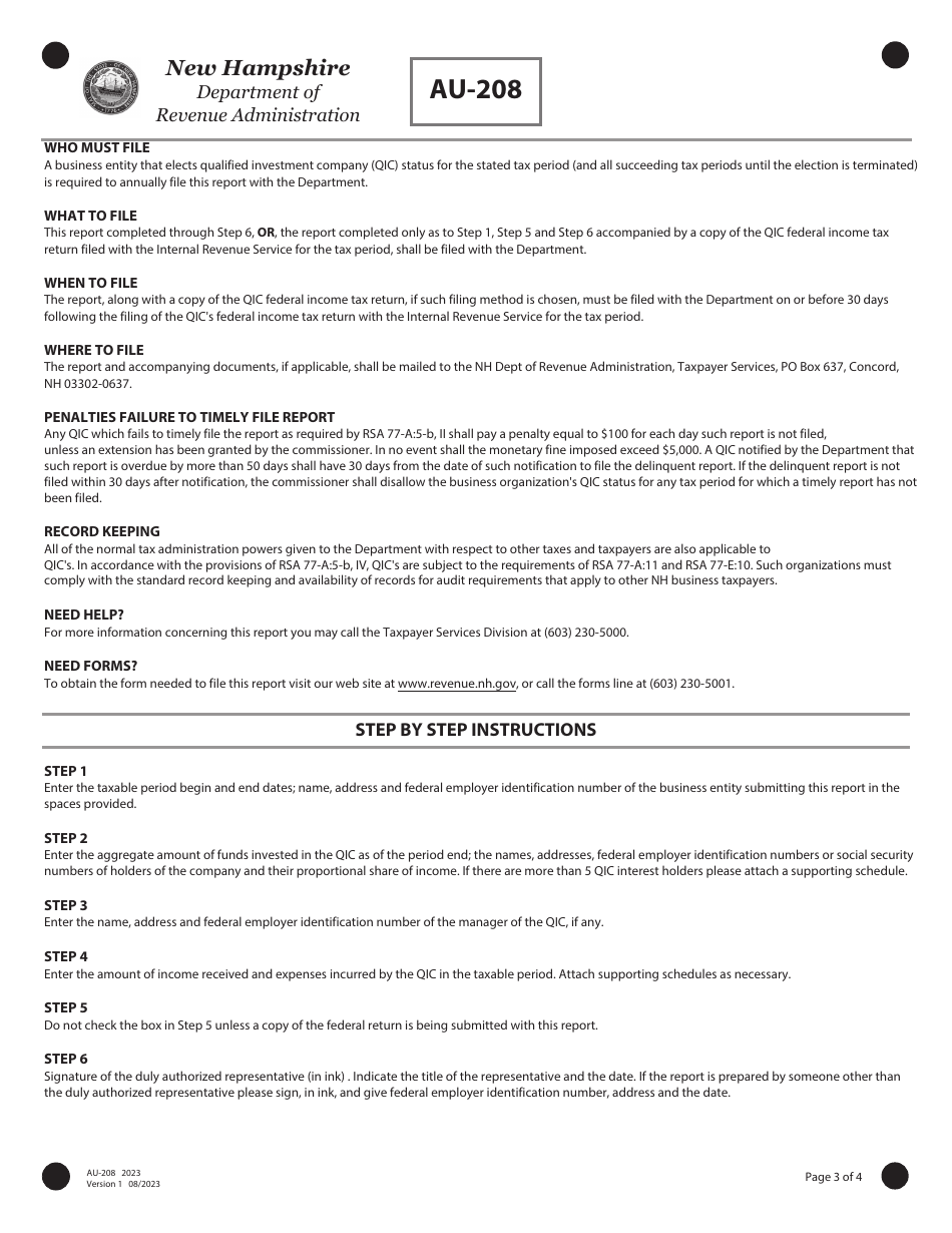 Form AU-208 Qualified Investment Company (Qic) Report - New Hampshire, Page 3