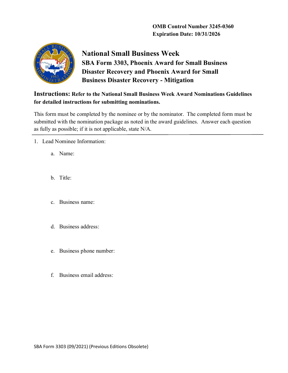 SBA Form 3303 Nomination Form for the Phoenix Awards for Small Business Disaster Recovery and Mitigation, Page 1