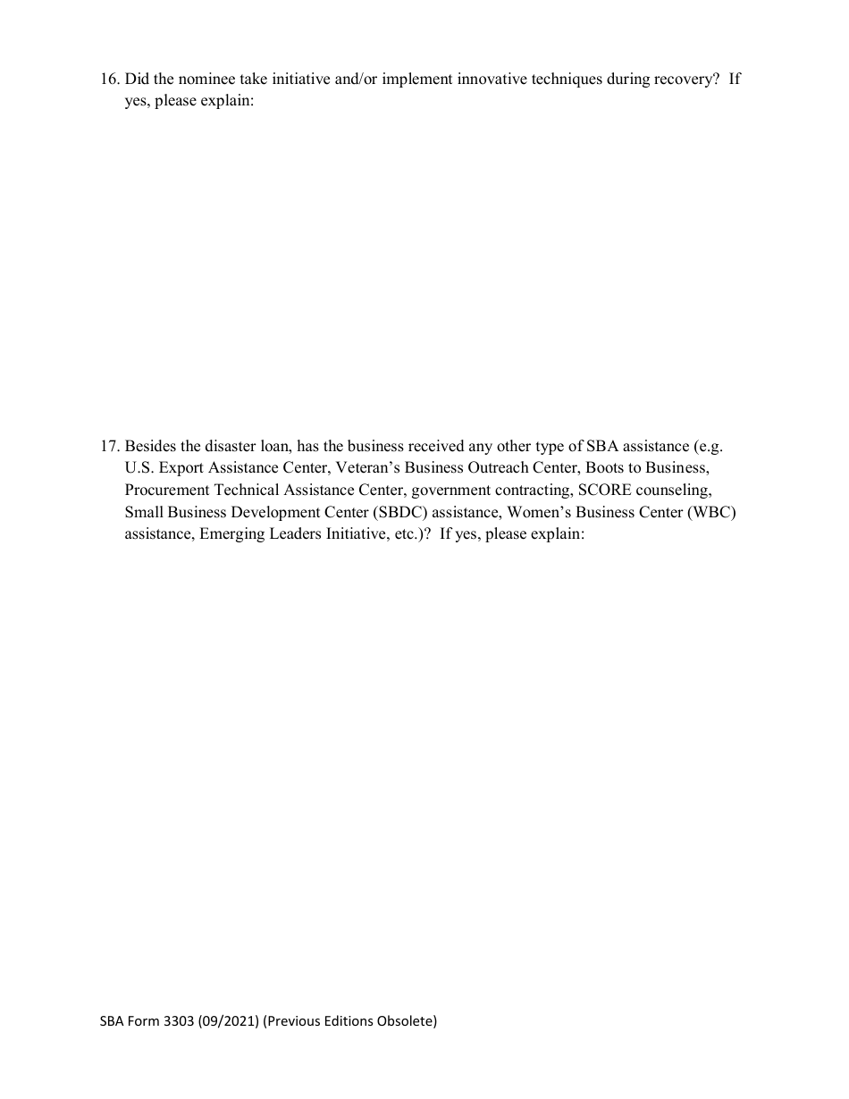 SBA Form 3303 Nomination Form for the Phoenix Awards for Small Business Disaster Recovery and Mitigation, Page 6
