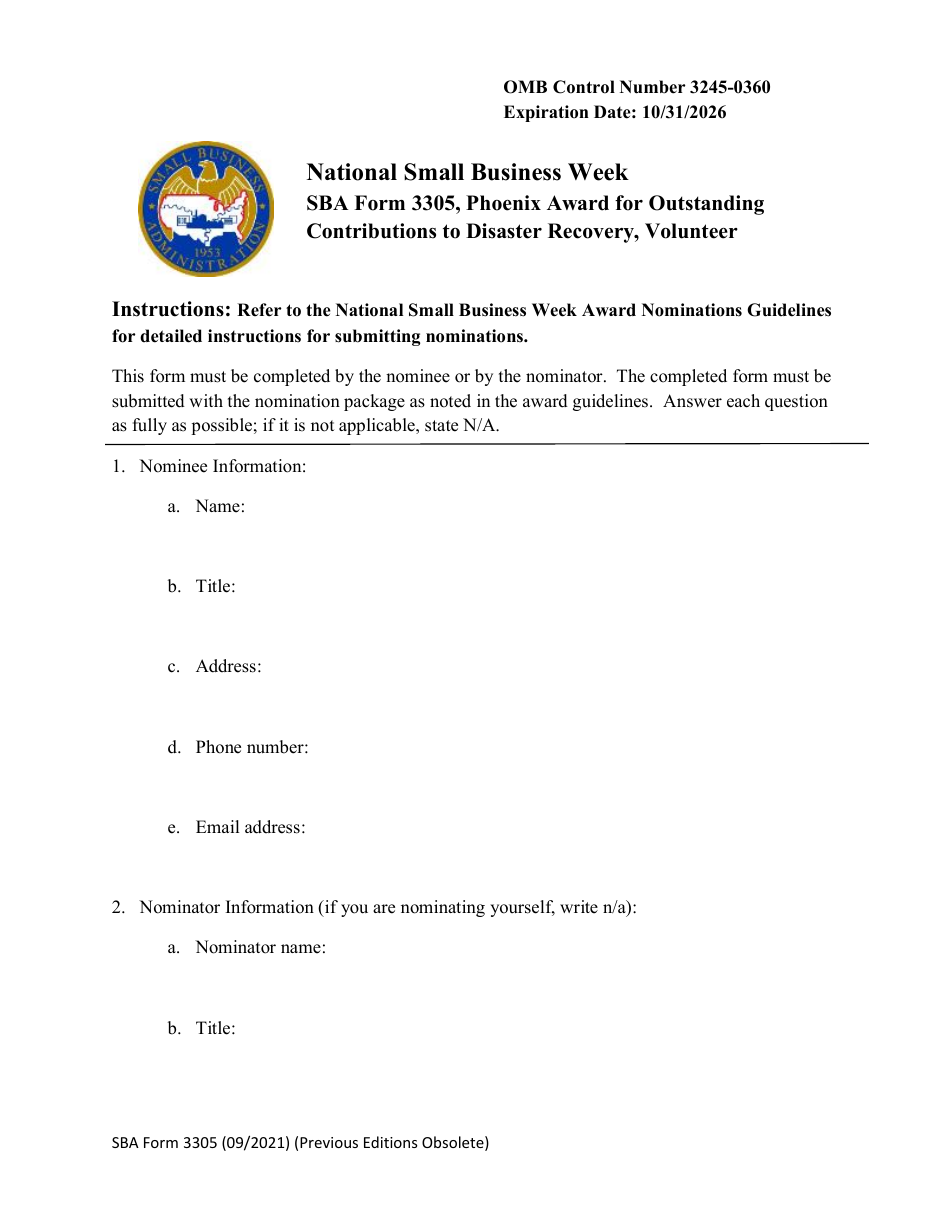 SBA Form 3305 Nomination Form for Phoenix Award for Outstanding Contributions to Disaster Recovery, Volunteer Award - National Small Business Week, Page 1