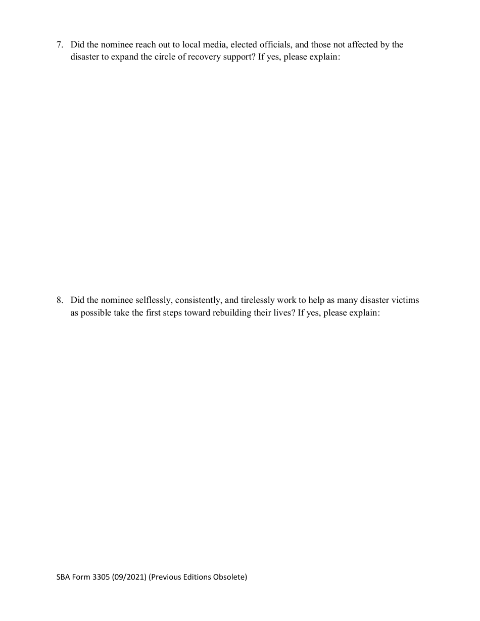SBA Form 3305 Nomination Form for Phoenix Award for Outstanding Contributions to Disaster Recovery, Volunteer Award - National Small Business Week, Page 4