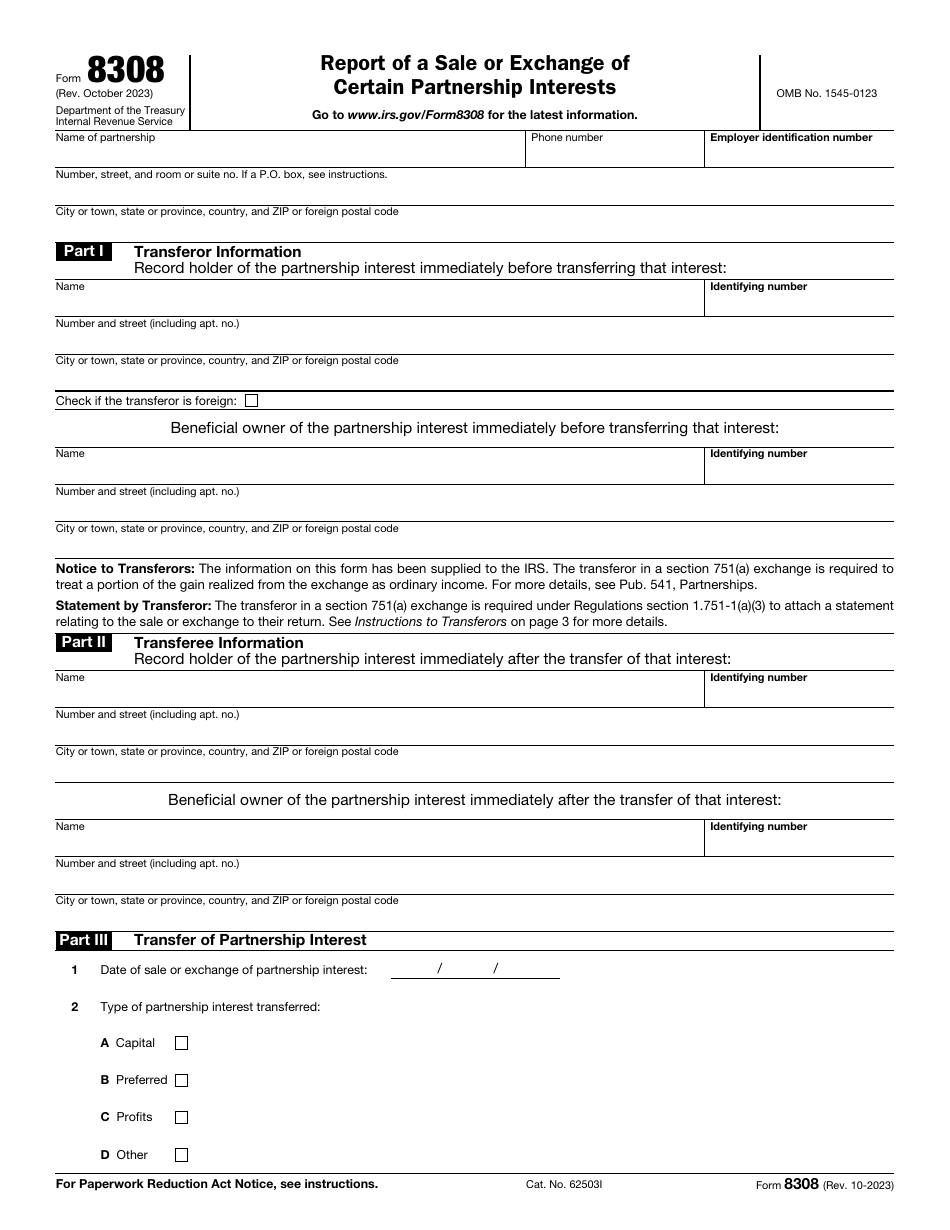 IRS Form 8308 Report of a Sale or Exchange of Certain Partnership Interests, Page 1