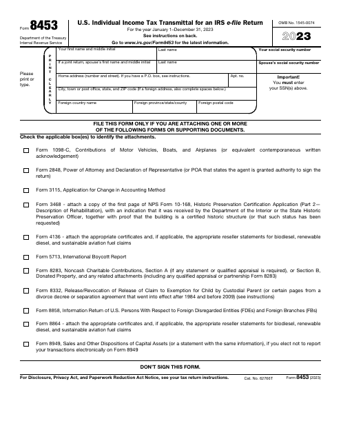 IRS Form 8453 U.S. Individual Income Tax Transmittal for an IRS E-File Return, 2023