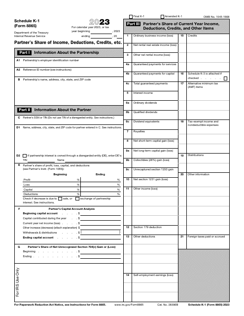 IRS Form 8865 Schedule K-1 Partner's Share of Income, Deductions, Credits, Etc., 2023
