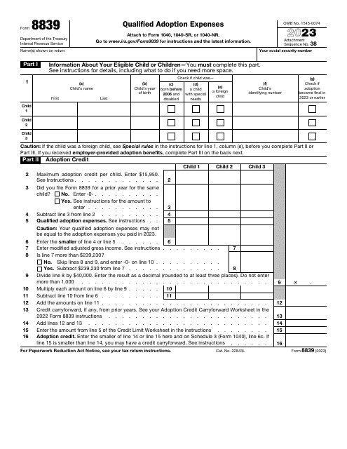 IRS Form 8839 Qualified Adoption Expenses, 2023