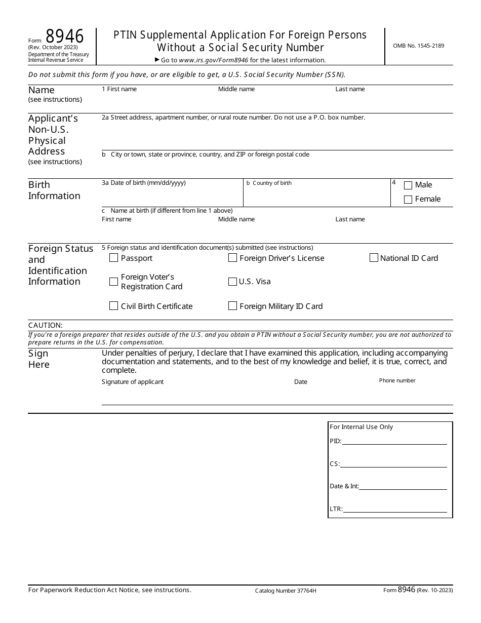 IRS Form 8946 Ptin Supplemental Application for Foreign Persons Without a Social Security Number, Page 1