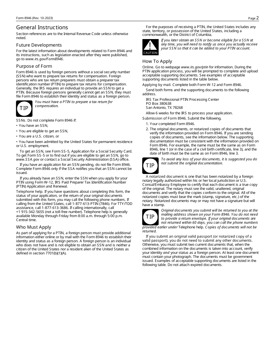 IRS Form 8946 Ptin Supplemental Application for Foreign Persons Without a Social Security Number, Page 2