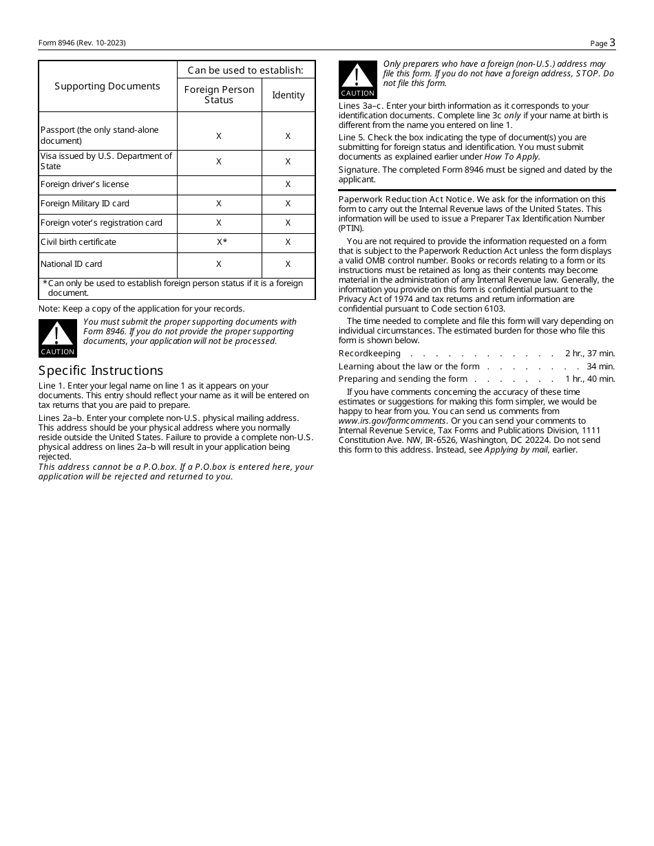 IRS Form 8946 Ptin Supplemental Application for Foreign Persons Without a Social Security Number, Page 3