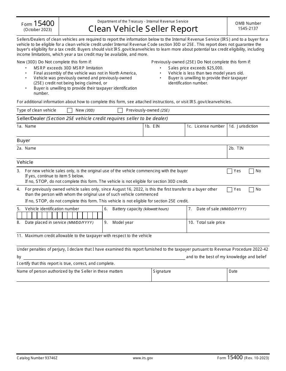 IRS Form 15400 Clean Vehicle Seller Report, Page 1